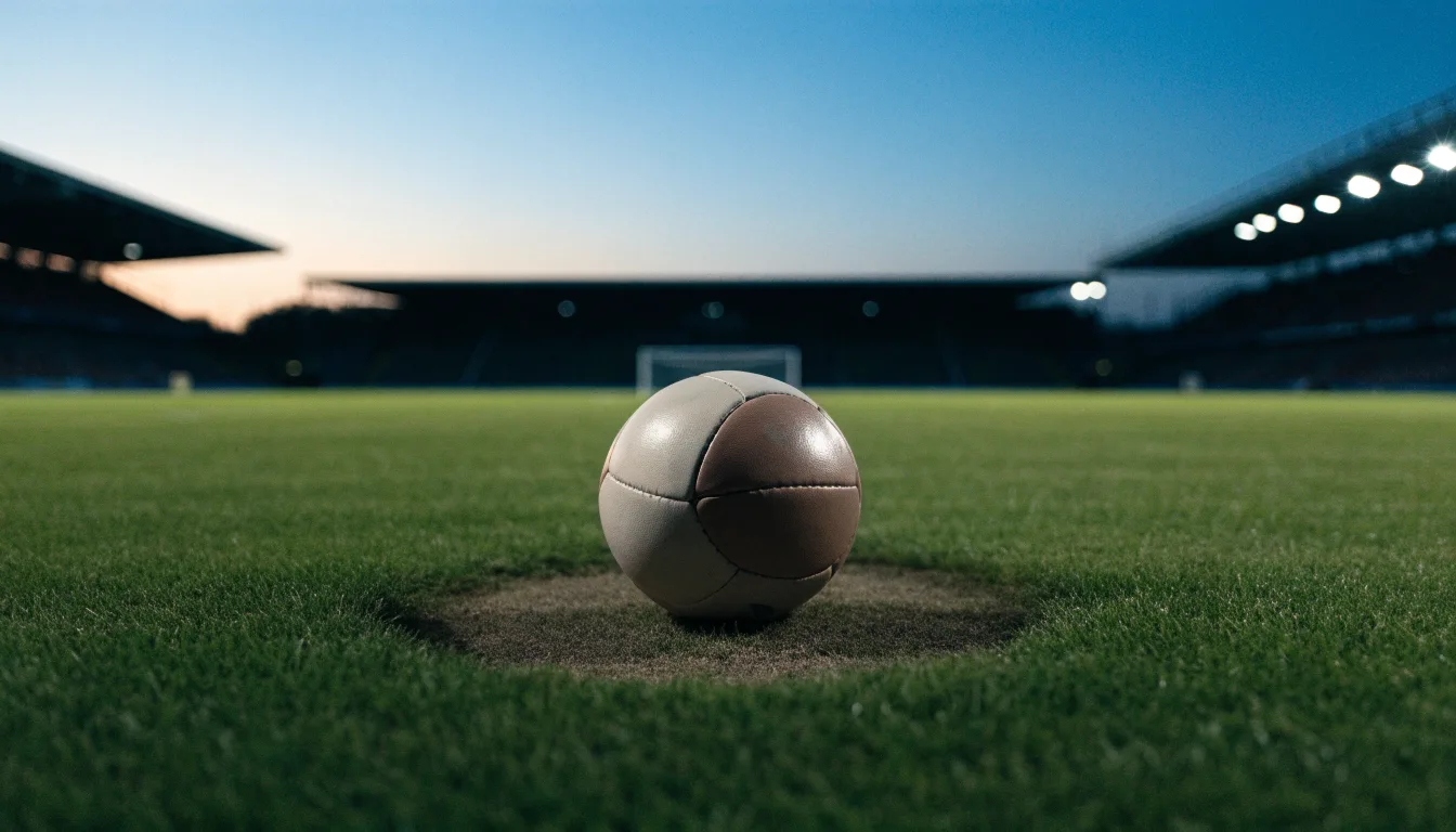Ein Fußball liegt auf dem Mittelkreis eines leeren Rasenplatzes unter Flutlicht am frühen Abend, die Tribünen sind nur schemenhaft zu erkennen.