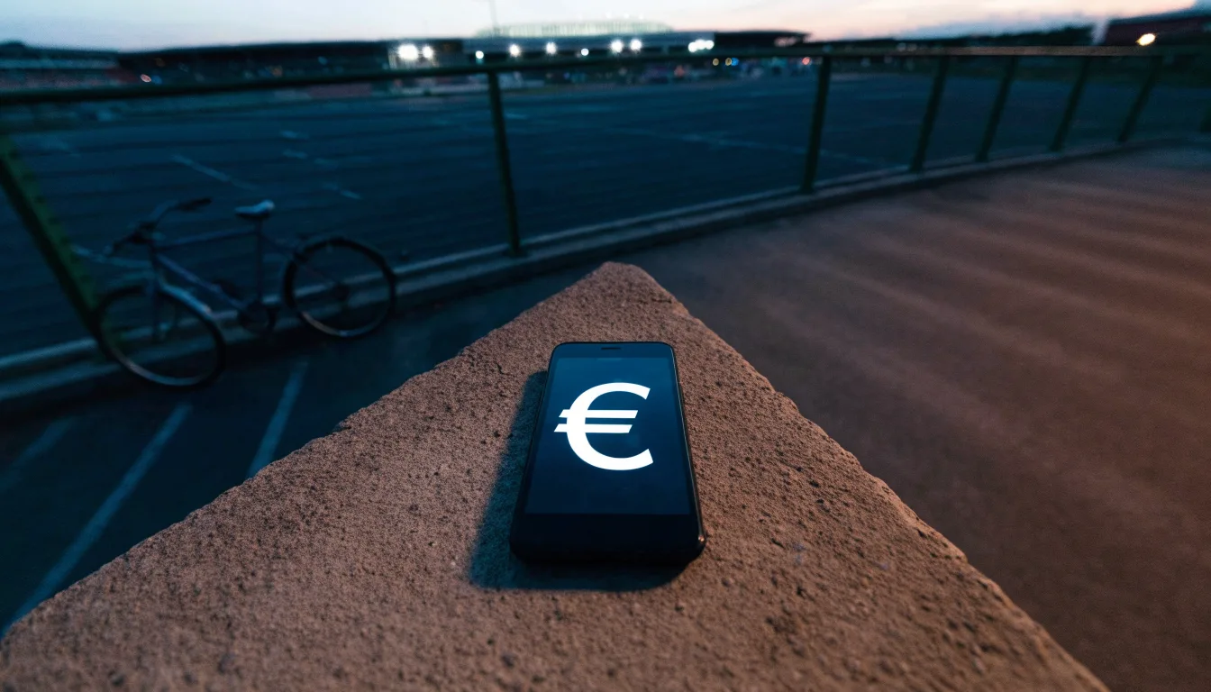 Ein Stadion unter Flutlicht aus der Ferne gesehen, davor ein dunkler Parkplatz und ein einzelnes Fahrrad an einem Zaun.