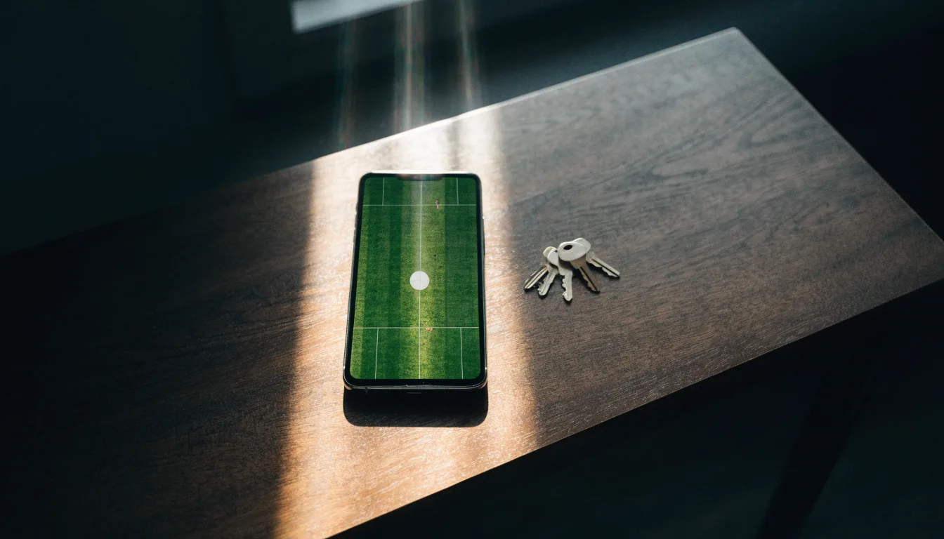 Ein Smartphone mit dunklem Display liegt auf einem Holztisch, daneben ein Schlüsselbund, im Hintergrund ein Fenster mit Abendlicht.