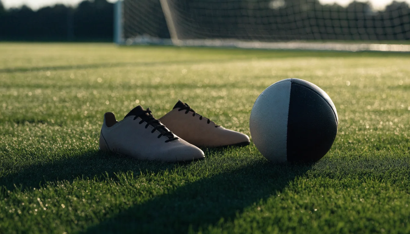 Ein Fußball auf frisch gemähtem Rasen im Morgenlicht, daneben ein Paar Fußballschuhe ohne erkennbare Marke.