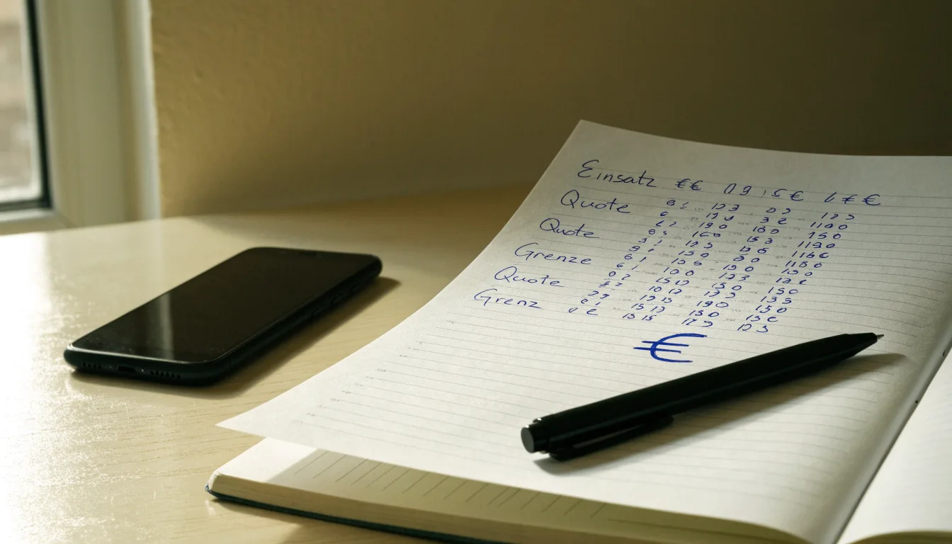 Ein Notizbuch mit handgeschriebenen Zahlen und ein Kugelschreiber liegen auf einem Tisch, daneben ein Smartphone mit schwarzem Bildschirm.