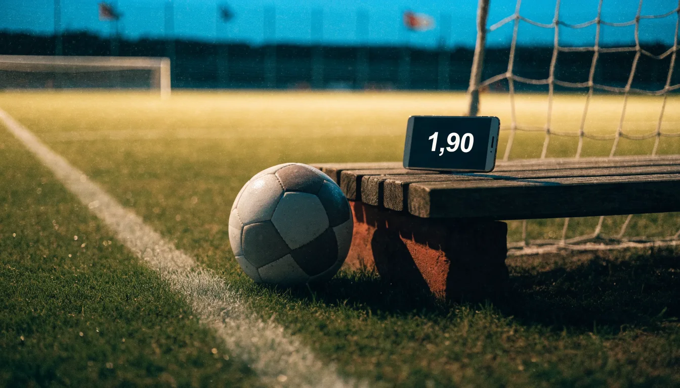 Ein Fußball liegt am Spielfeldrand neben einer leeren Ersatzbank, das Flutlicht über dem Platz leuchtet in der Dämmerung.