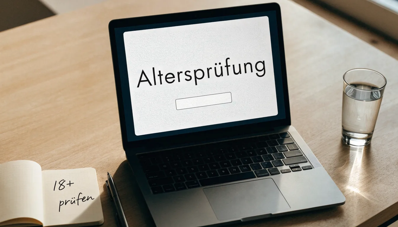Ein Laptop mit dunklem Bildschirm steht aufgeklappt auf einem Schreibtisch, daneben ein Notizbuch und ein Glas Wasser.
