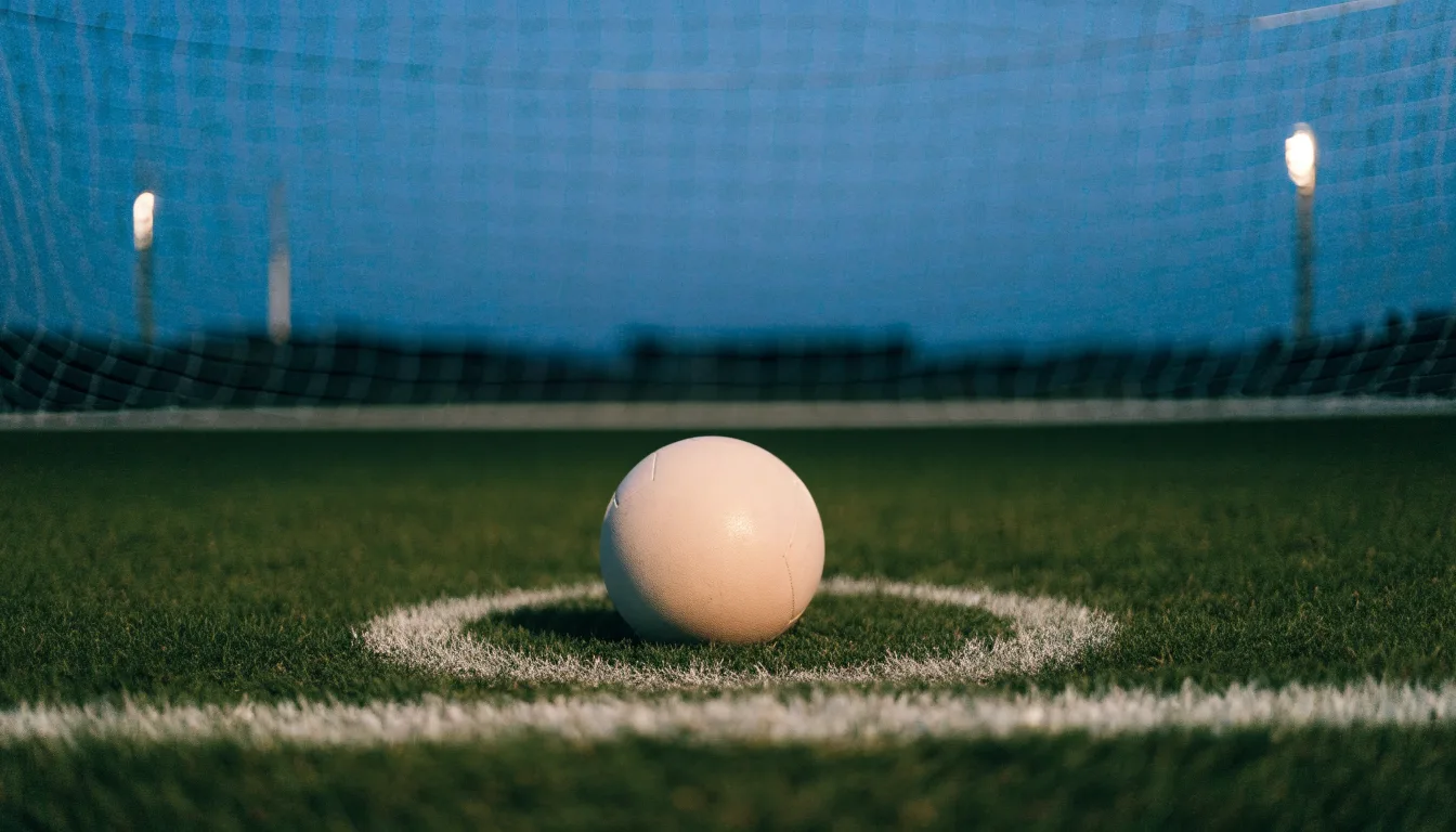 Ein Fußball liegt auf dem Anstoßpunkt eines Rasenplatzes in der Abenddämmerung, Flutlichtmasten stehen unscharf im Hintergrund.
