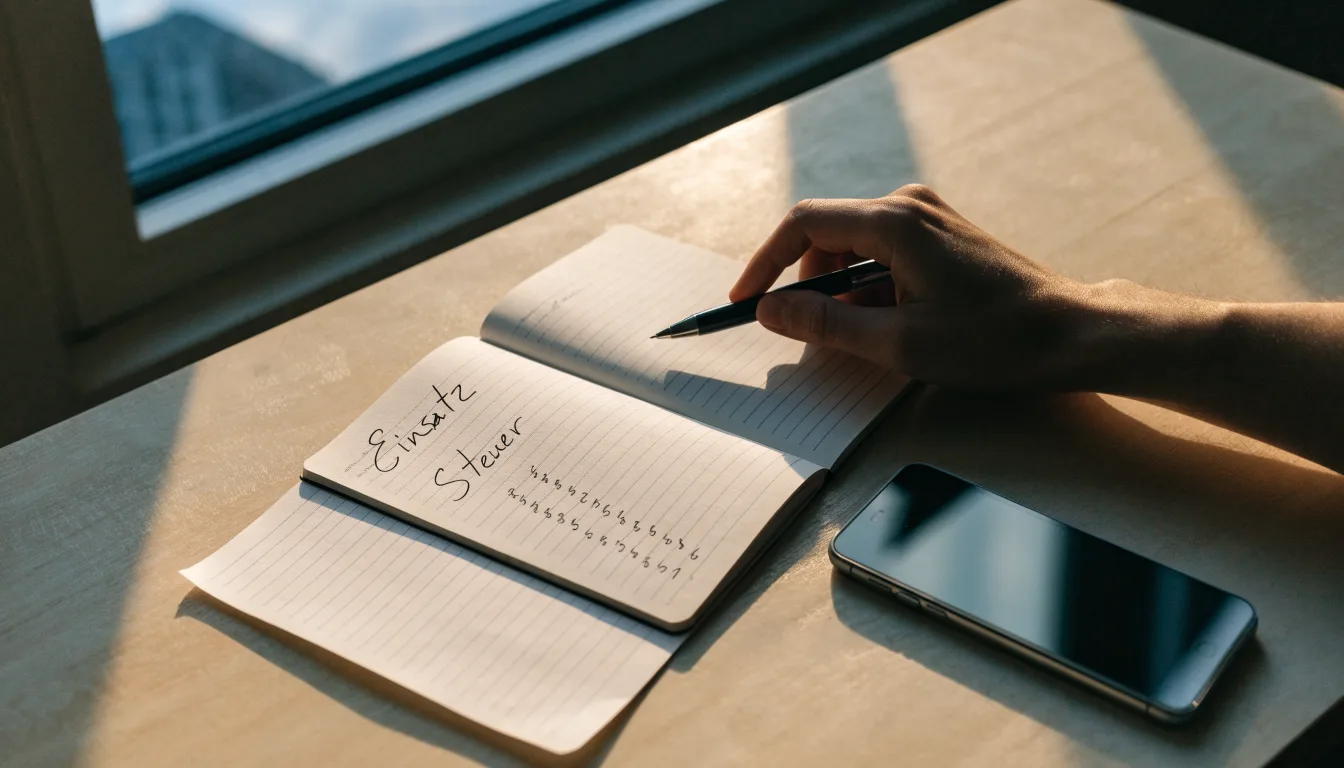 Ein Notizbuch mit handschriftlichen Zahlen liegt neben einem Smartphone mit dunklem Display auf einem Tisch, im Fenster Dämmerlicht.