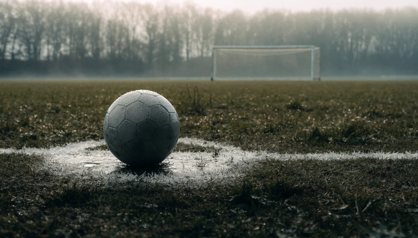 Ein Fußball liegt auf dem Elfmeterpunkt eines nassen Rasenplatzes, im Hintergrund ein leeres Tor im Nebel.