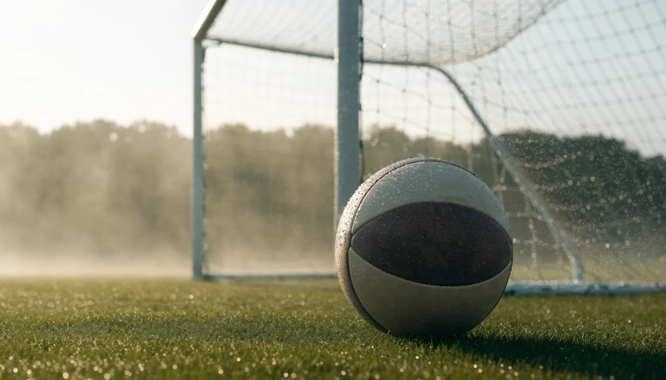 Ein Fußball liegt auf dem Rasen vor einem Tor im Morgennebel, die Netzmaschen sind taufeucht.
