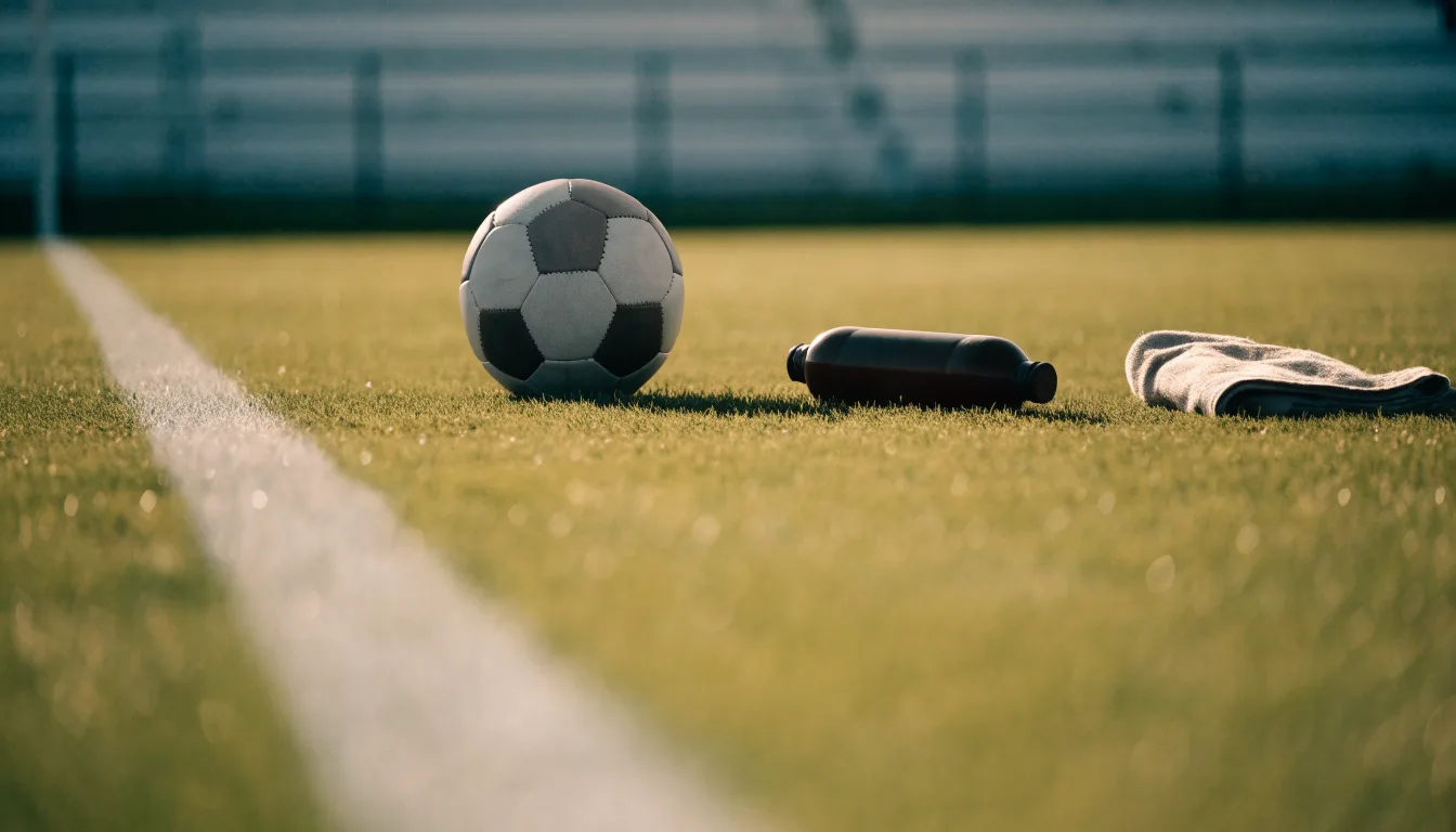 Ein Fußball auf einer Wiese neben der Seitenlinie, daneben eine Trinkflasche ohne Aufdruck und ein Handtuch.
