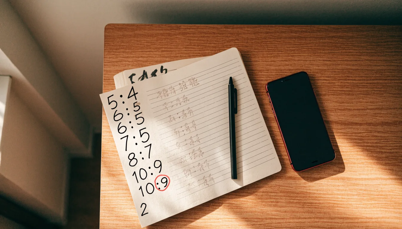 Ein Notizbuch mit handschriftlichen Notizen und ein Taschenrechner liegen auf einem Schreibtisch neben einem Smartphone mit dunklem Display.
