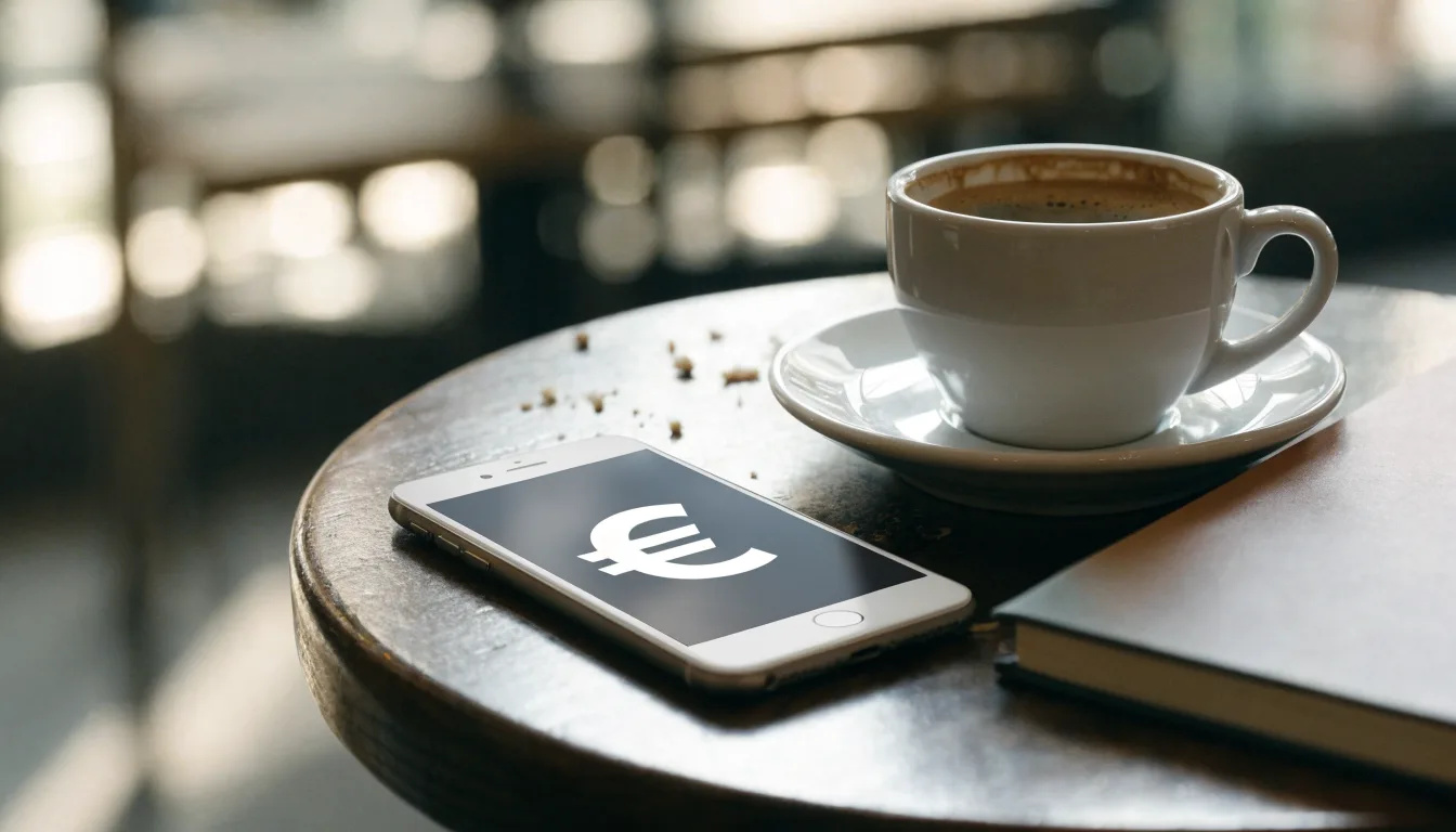 Ein Smartphone liegt mit schwarzem Display neben einer Kaffeetasse und einem Notizblock auf einem Café-Tisch.