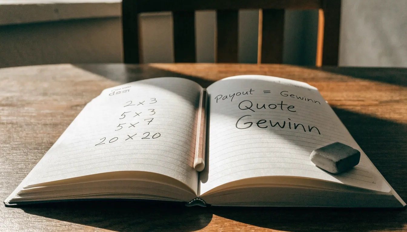 Ein Notizbuch mit handschriftlichen Multiplikationen liegt aufgeschlagen auf einem Holztisch, daneben ein Bleistift und ein Radiergummi.