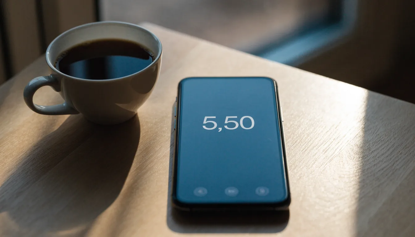 Ein Smartphone mit dunklem Display liegt neben einer Kaffeetasse auf einem Schreibtisch, durch das Fenster fällt Abendlicht.