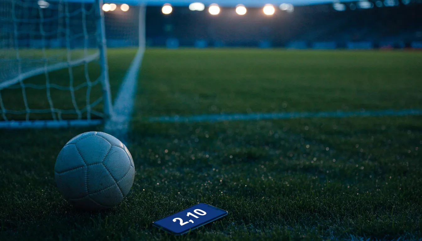 Ein Fußball liegt auf einem Rasenplatz in der Dämmerung, im Hintergrund ein ferner Stadionrand unter Flutlicht.