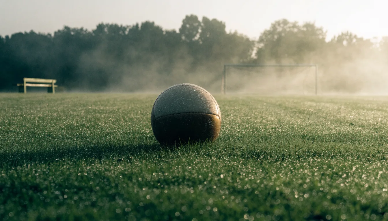 Ein Fußball liegt in der Mitte eines leeren Rasenplatzes im Morgennebel, am Rand steht eine einzelne Auswechselbank.
