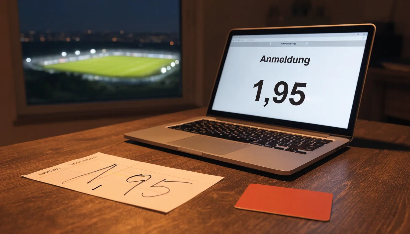 Ein Stadion unter Flutlicht von weitem gesehen, davor ein Feld und ein Feldweg im Dunkeln.